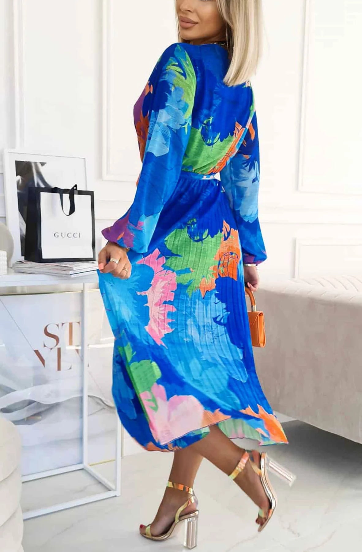 floral blue chiffon pleated maxi dress