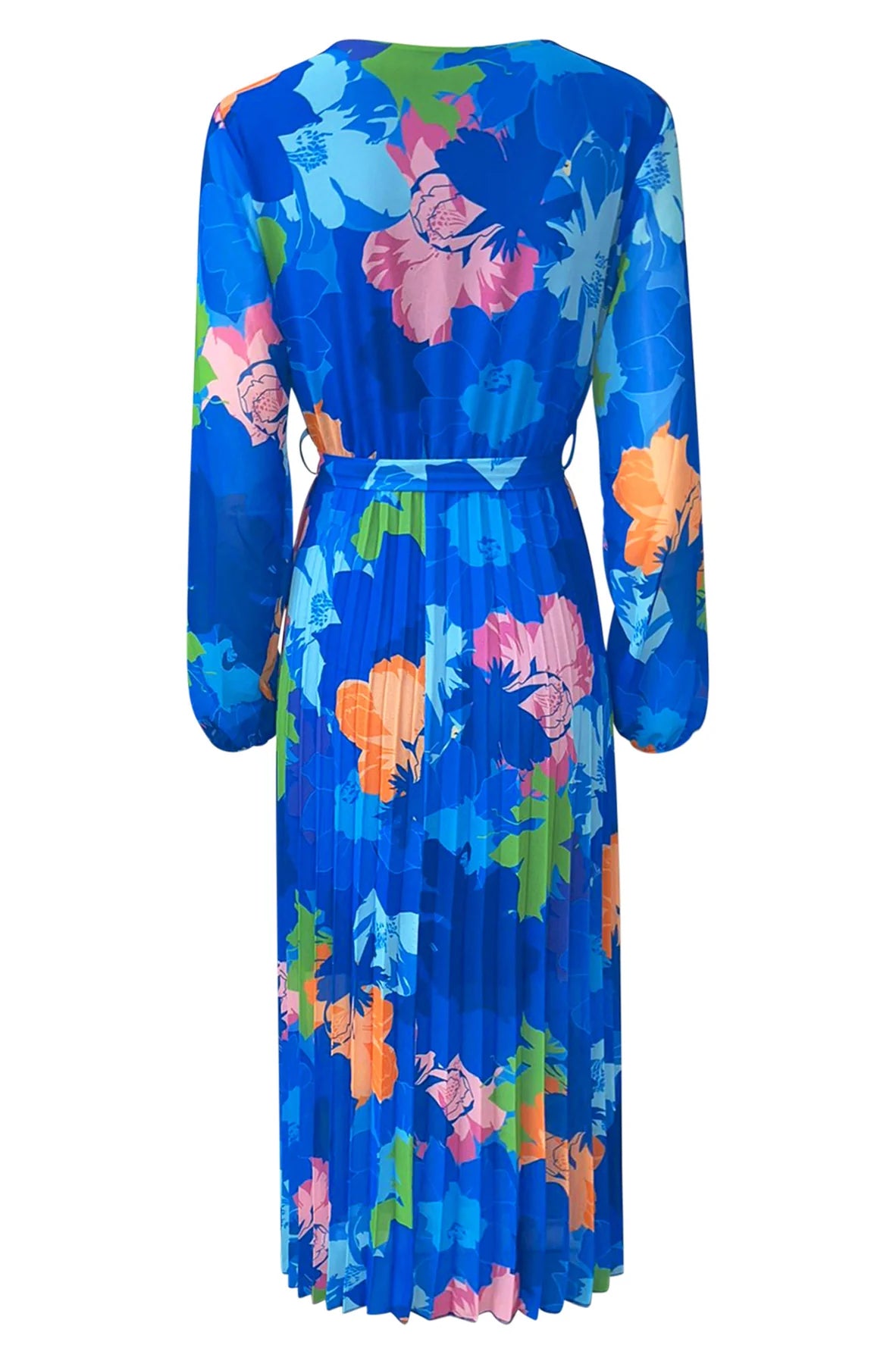 floral blue chiffon pleated maxi dress