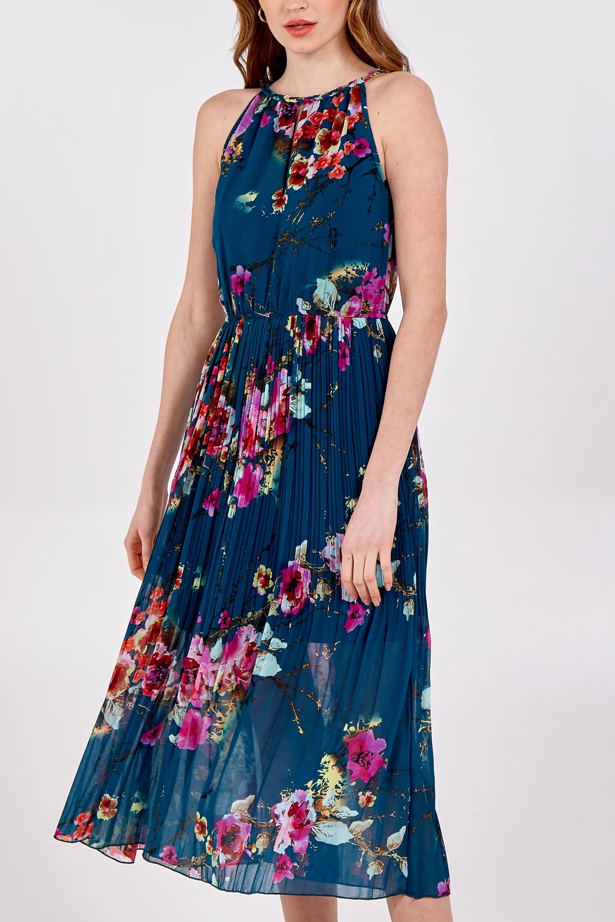 LMA Floral Halterneck Pleated Midi Dress