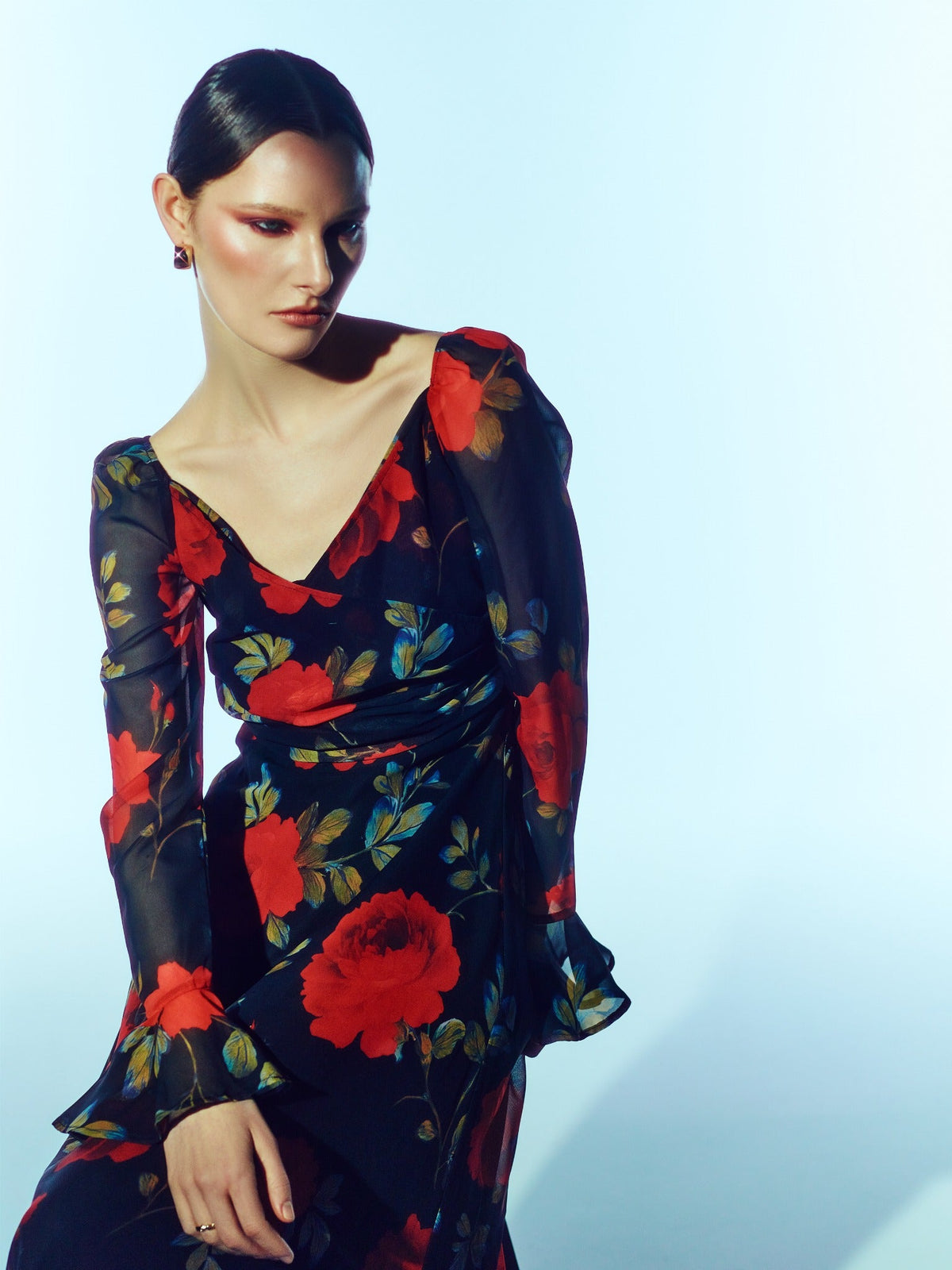 Floral Long-Sleeve Maxi Dress in Midnight Rose Black