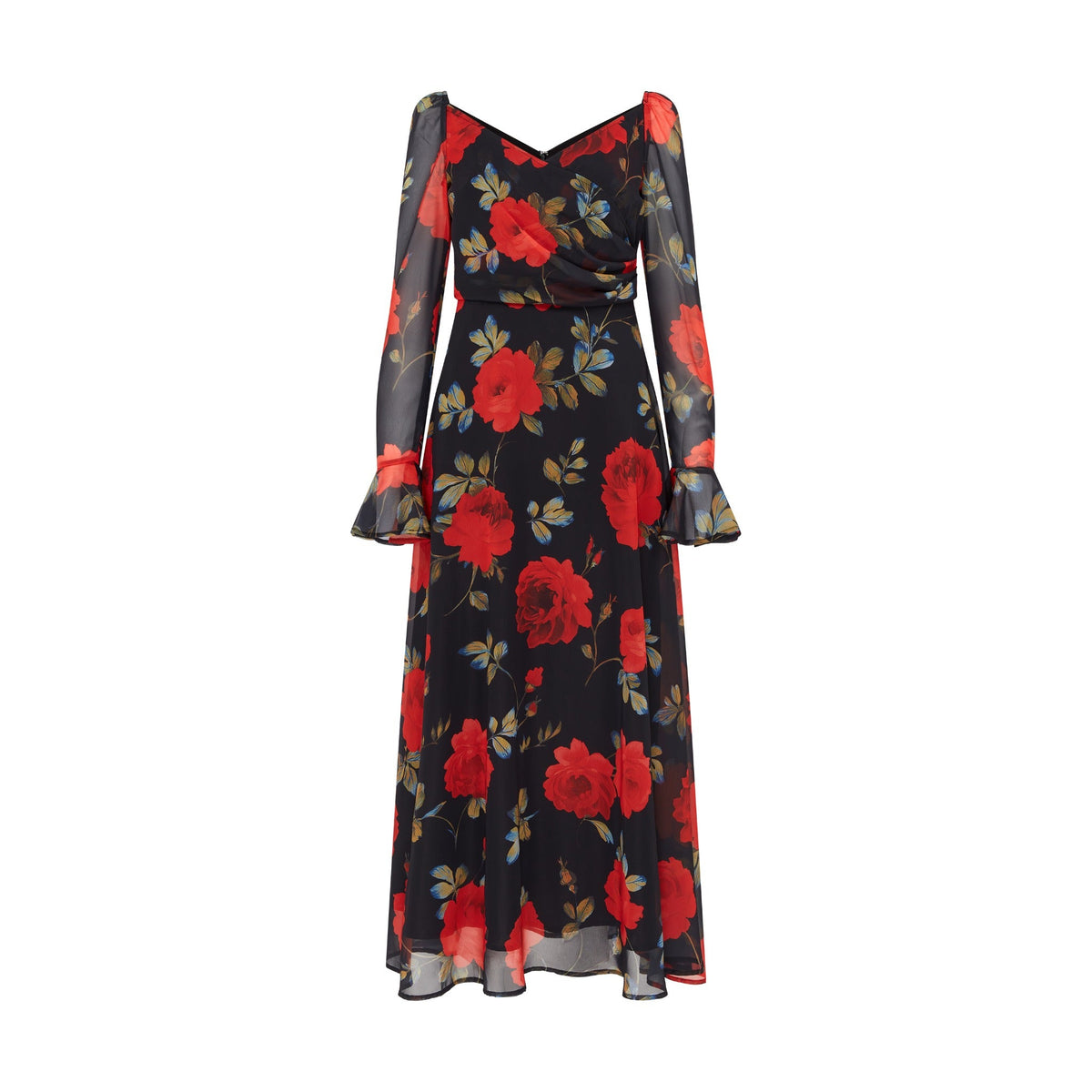 Floral Long-Sleeve Maxi Dress in Midnight Rose Black