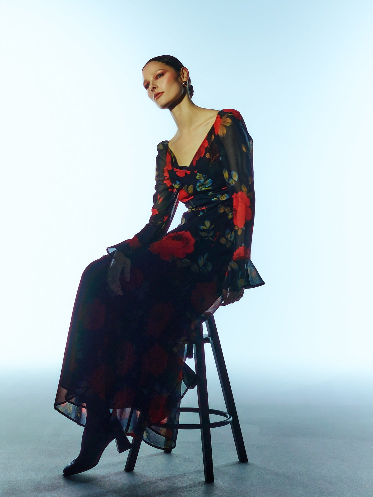 Floral Long-Sleeve Maxi Dress in Midnight Rose Black