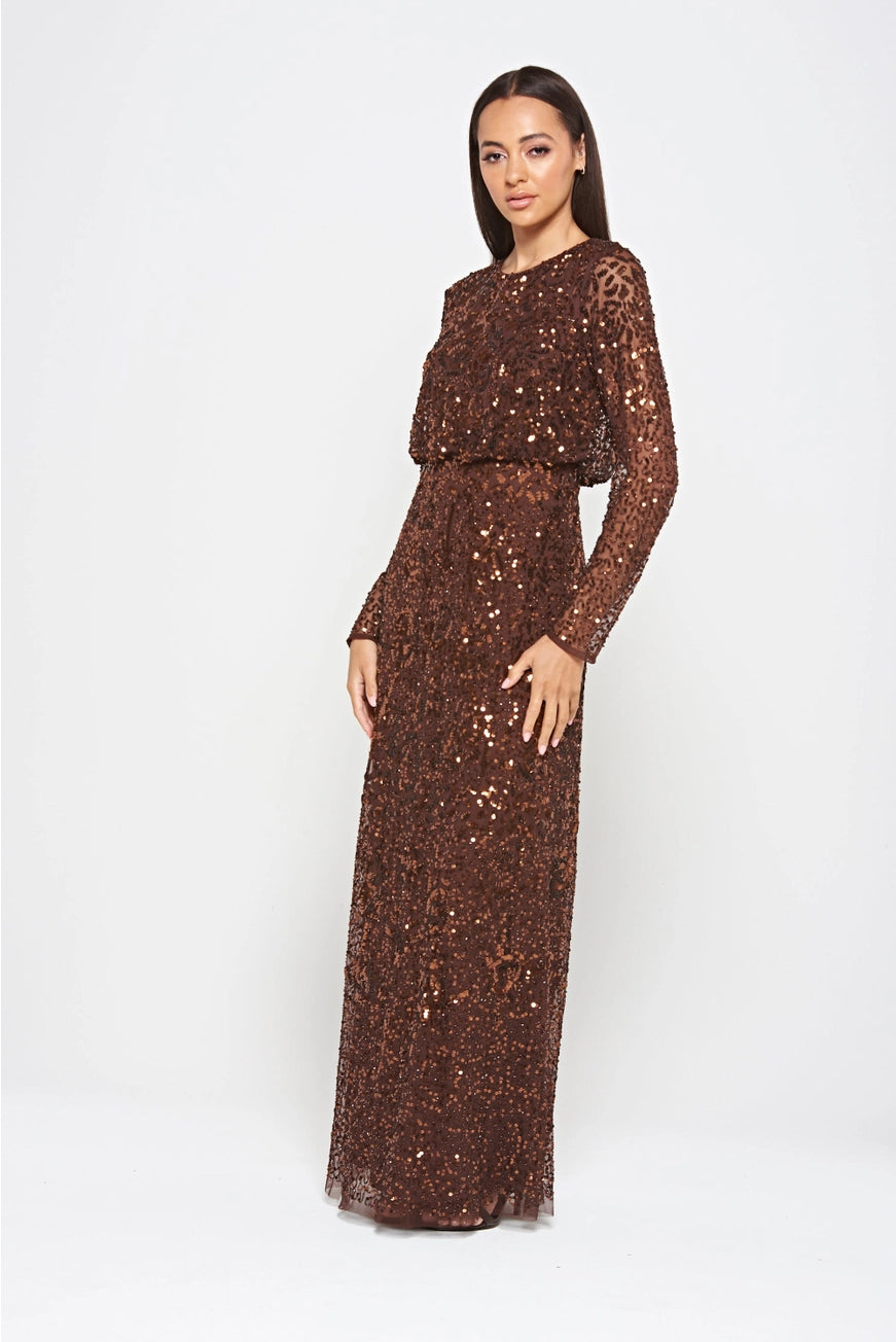 Frock & Frill Allegro Coffee Brown Sequin Maxi Dress