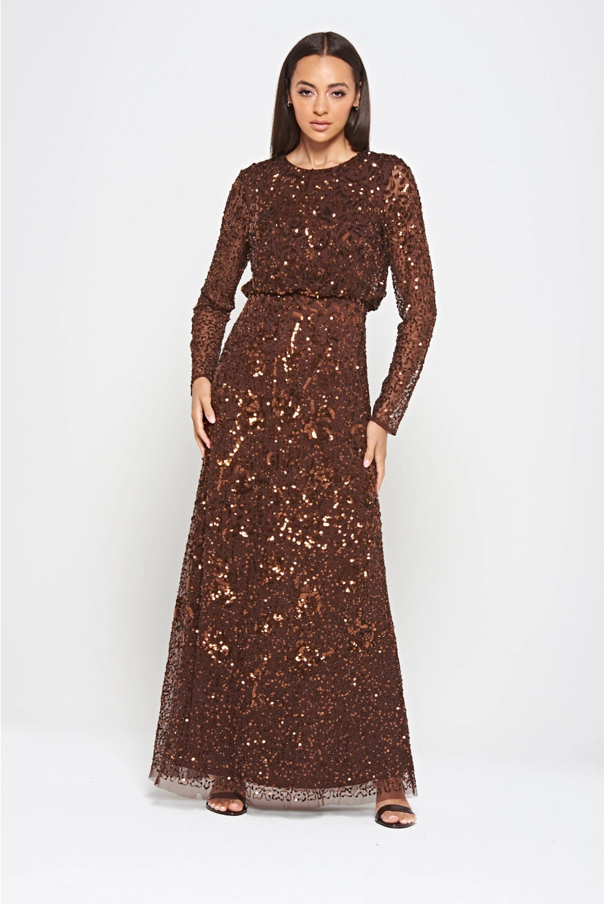 Frock & Frill Allegro Coffee Brown Sequin Maxi Dress