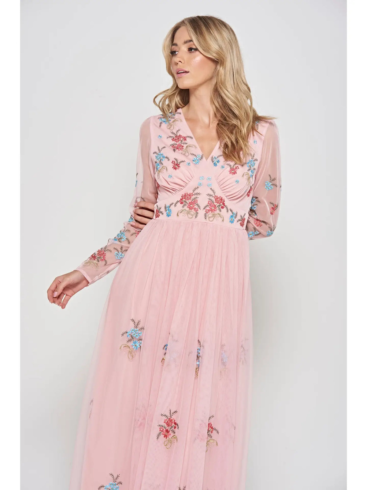 Frock And Frill Anara Pink Floral Embroidered Maxi Dress