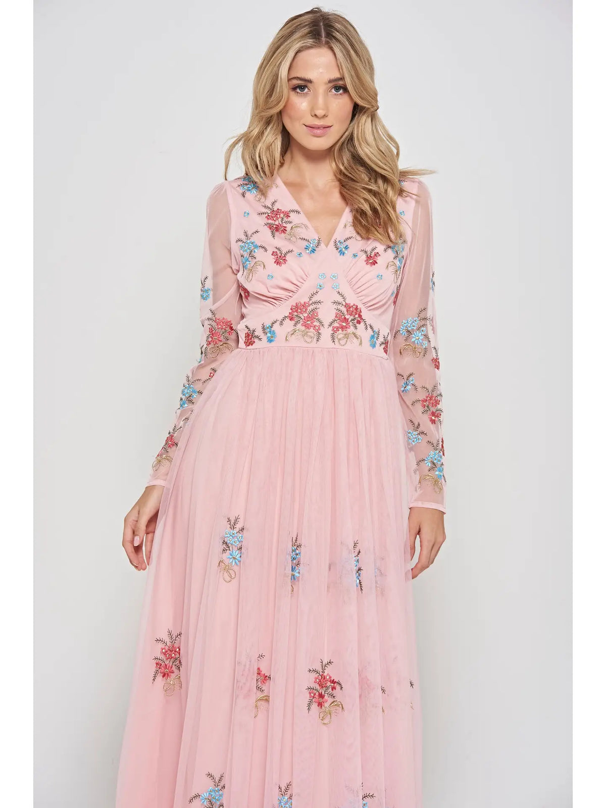 Frock And Frill Anara Pink Floral Embroidered Maxi Dress