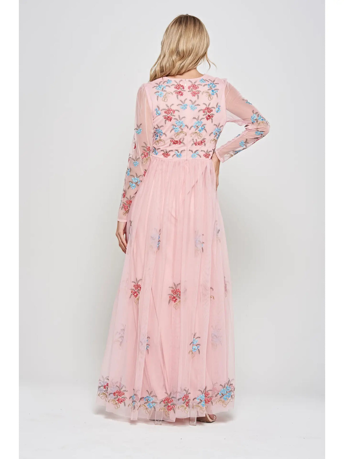 Frock And Frill Anara Pink Floral Embroidered Maxi Dress