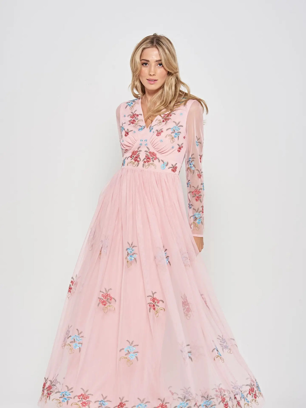 Frock And Frill Anara Pink Floral Embroidered Maxi Dress