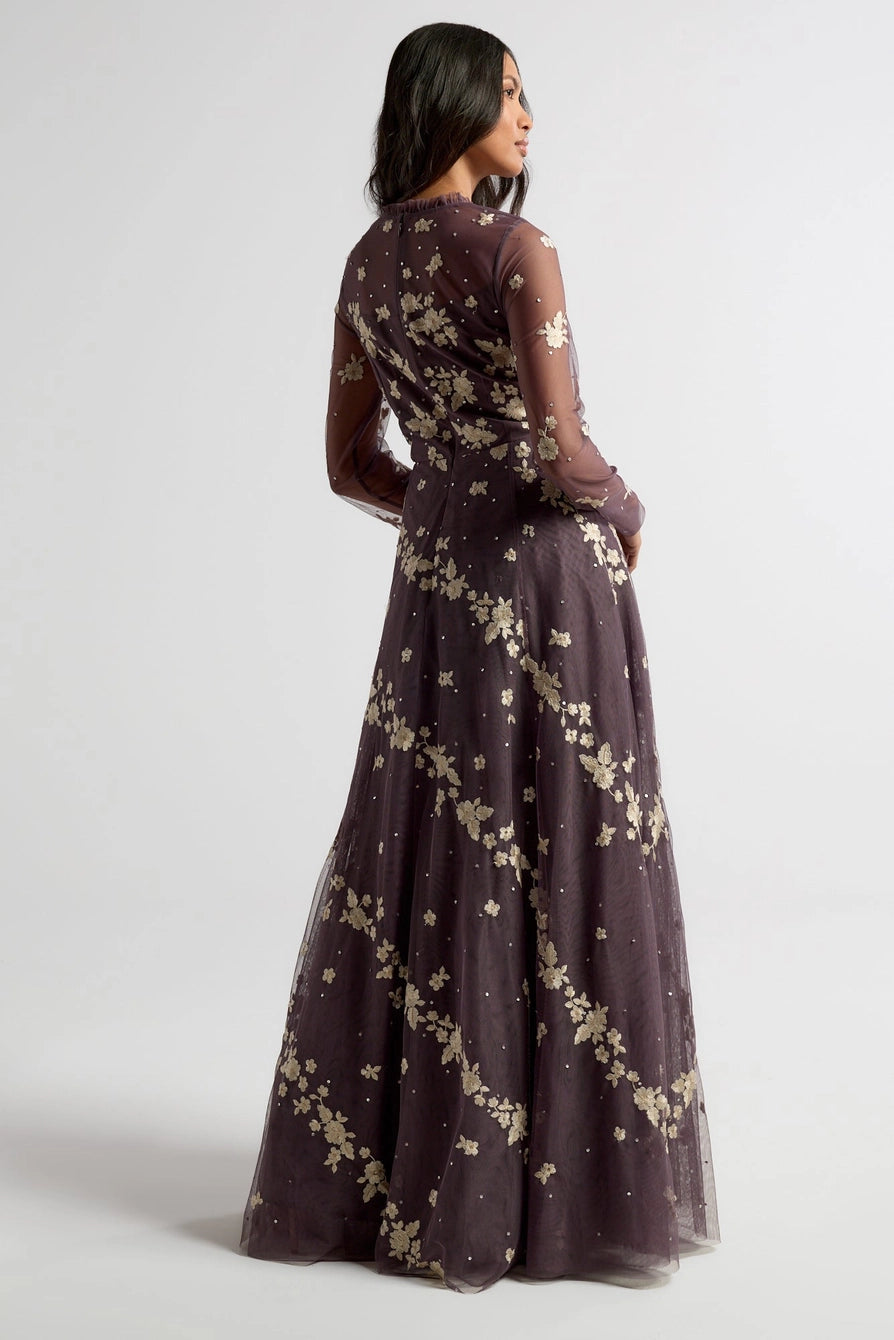 Frock & Frill Anastasia Purple Floral Embroidered Maxi Dress