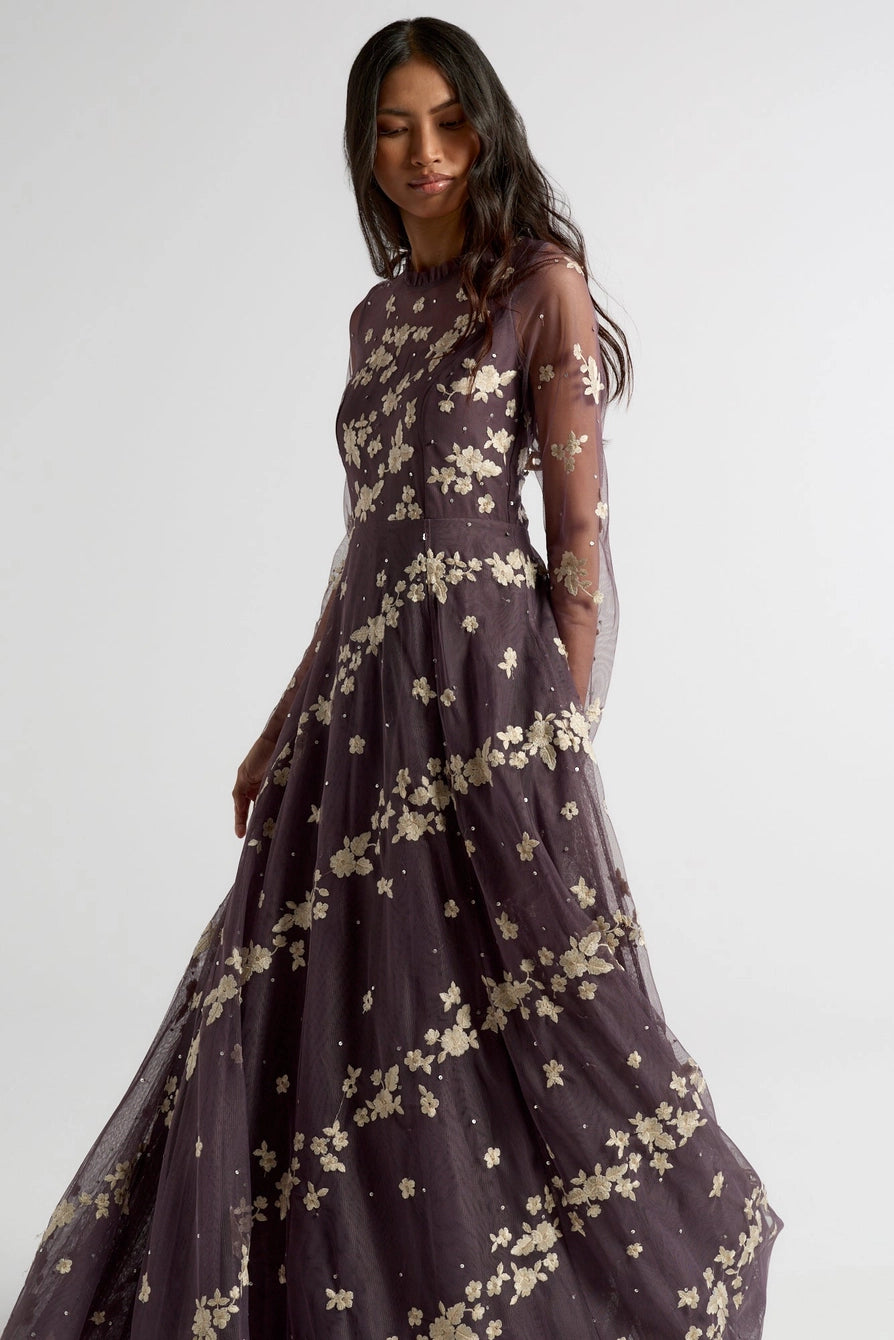 Frock & Frill Anastasia Purple Floral Embroidered Maxi Dress