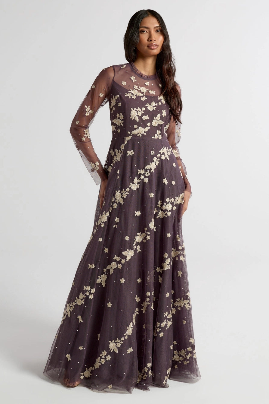Frock & Frill Anastasia Purple Floral Embroidered Maxi Dress