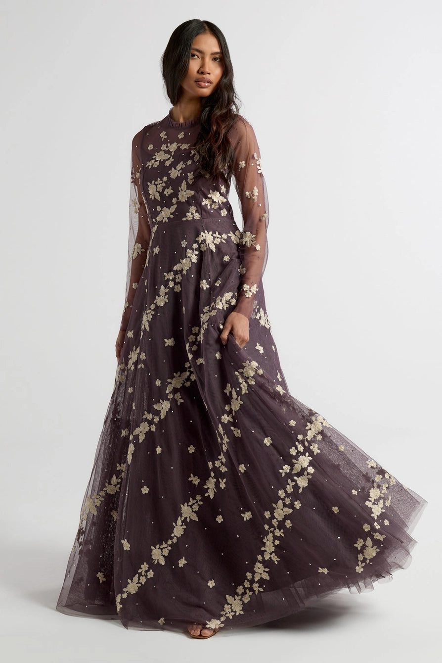 Frock & Frill Anastasia Purple Floral Embroidered Maxi Dress