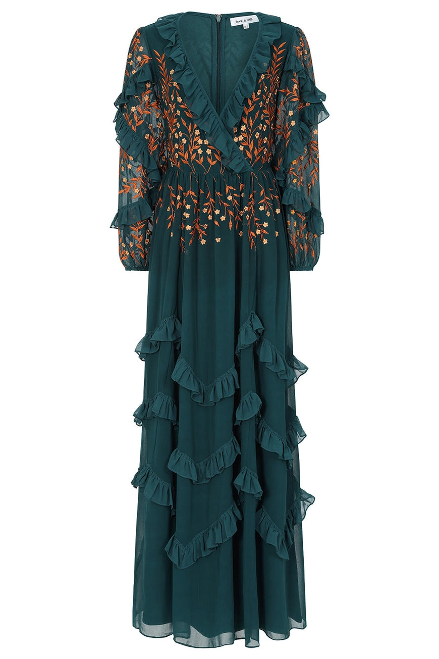Frock & Frill Fearne Green Floral Embroidered Ruffle Maxi Dress