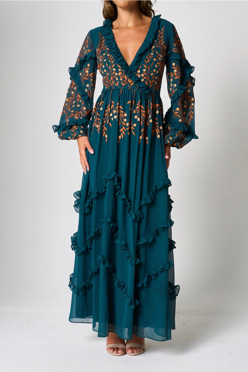Frock & Frill Fearne Green Floral Embroidered Ruffle Maxi Dress