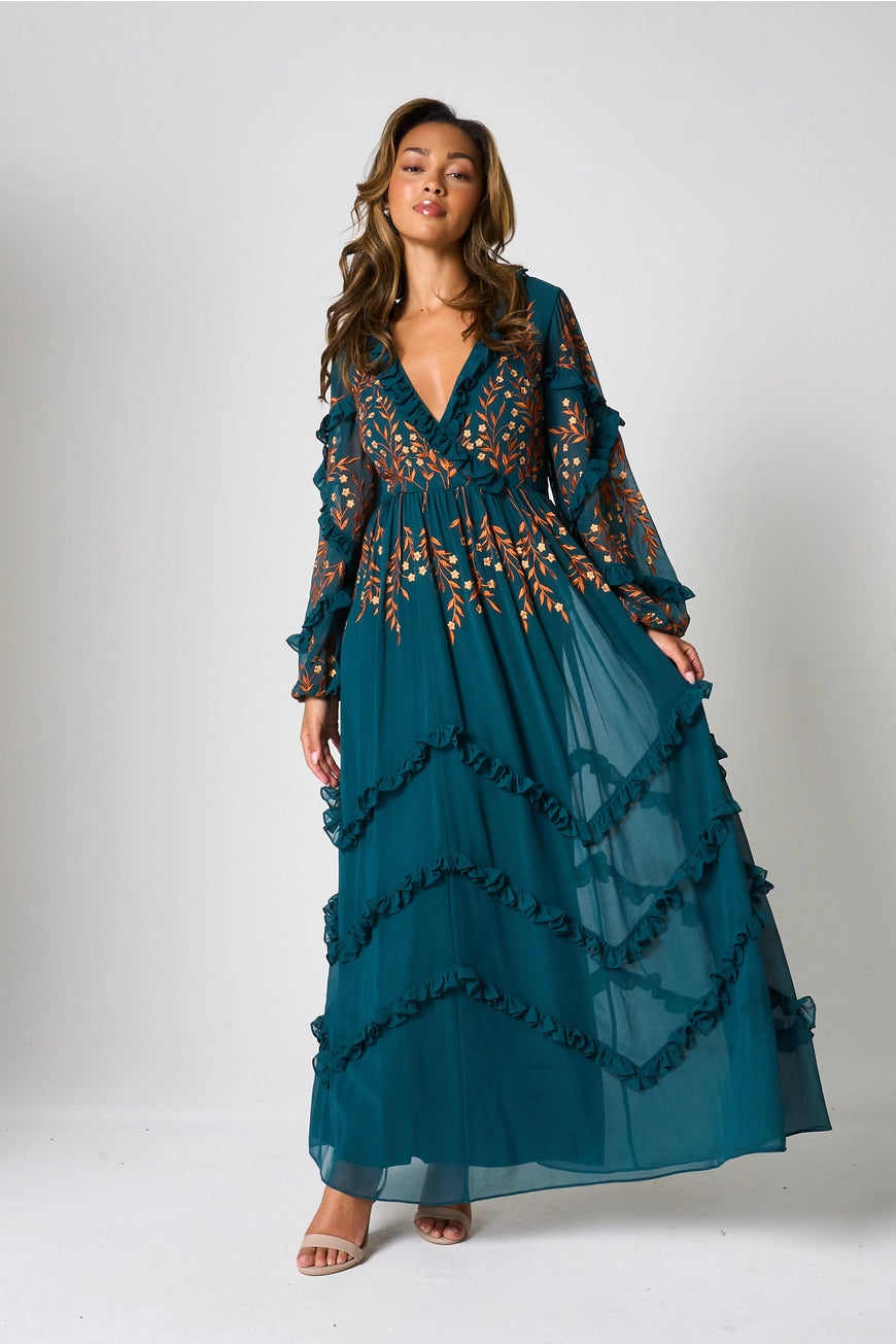 Frock & Frill Fearne Green Floral Embroidered Ruffle Maxi Dress