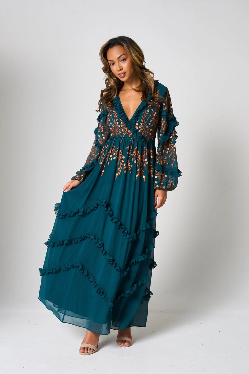 Frock & Frill Fearne Green Floral Embroidered Ruffle Maxi Dress