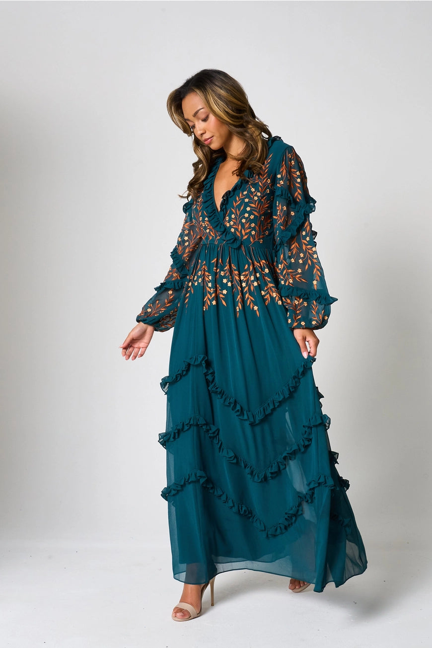 Frock & Frill Fearne Green Floral Embroidered Ruffle Maxi Dress