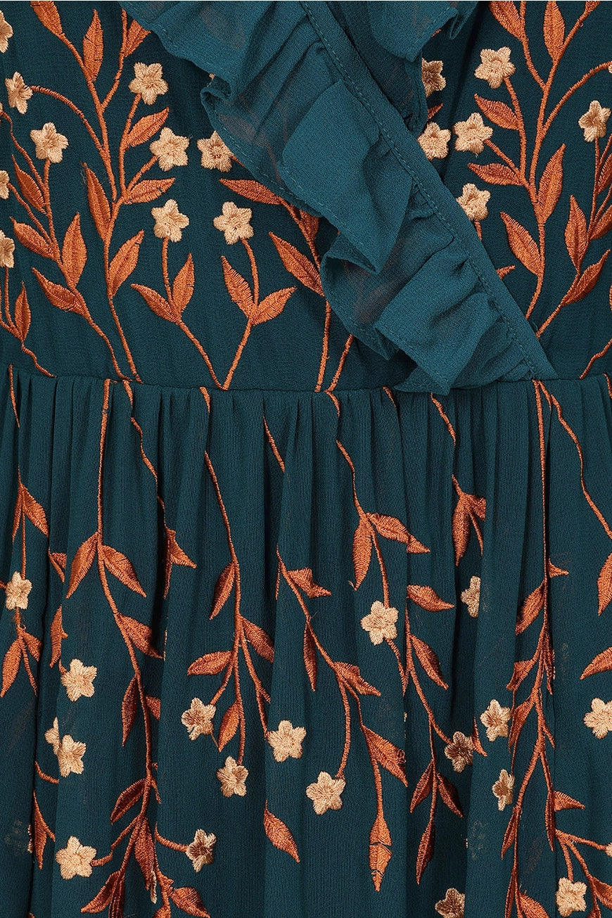 Frock & Frill Fearne Green Floral Embroidered Ruffle Maxi Dress