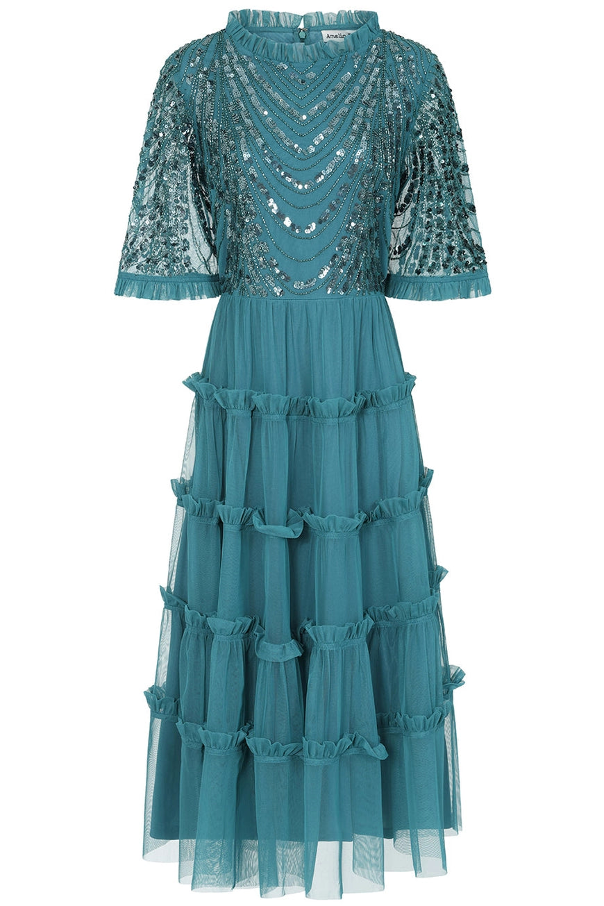 Frock & Frill Joanna Teal Embellished Midi Dress