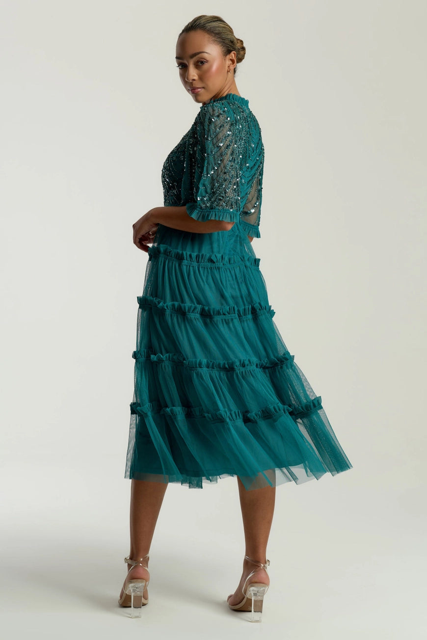 Frock & Frill Joanna Teal Embellished Midi Dress