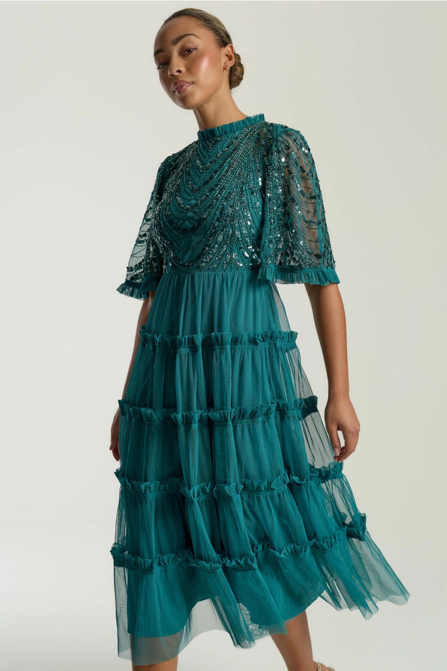 Frock & Frill Joanna Teal Embellished Midi Dress