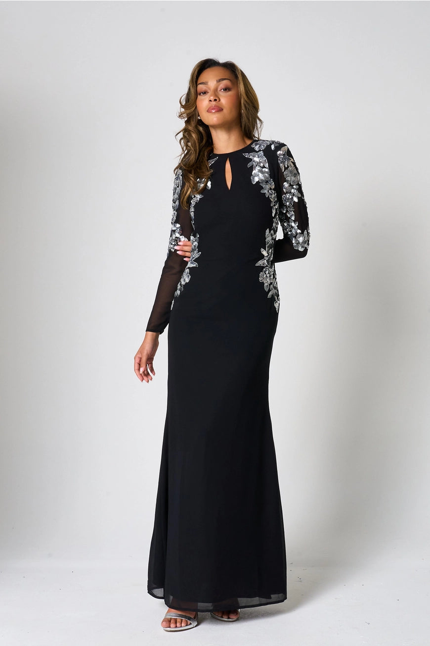 Frock & Frill Nyx Black & Silver Embellished Maxi Dress