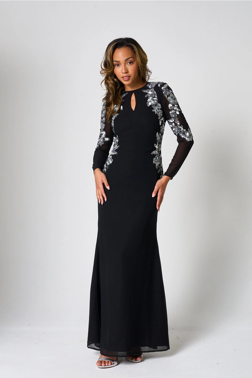 Frock & Frill Nyx Black & Silver Embellished Maxi Dress