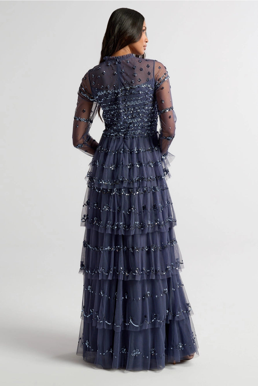 Frock & Frill Nerissa Dusty Navy Sequinned Tiered Maxi Dress