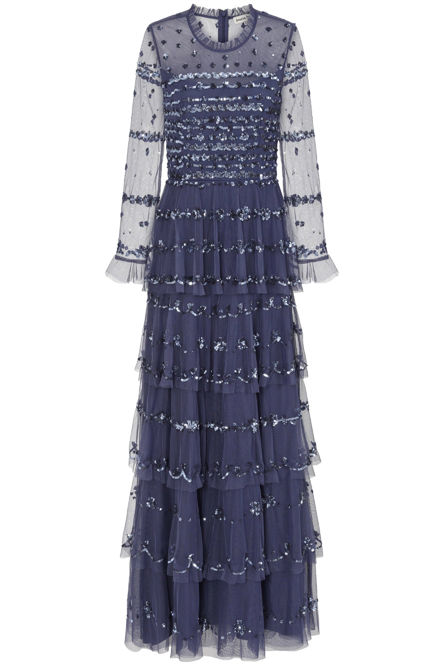 Frock & Frill Nerissa Dusty Navy Sequinned Tiered Maxi Dress