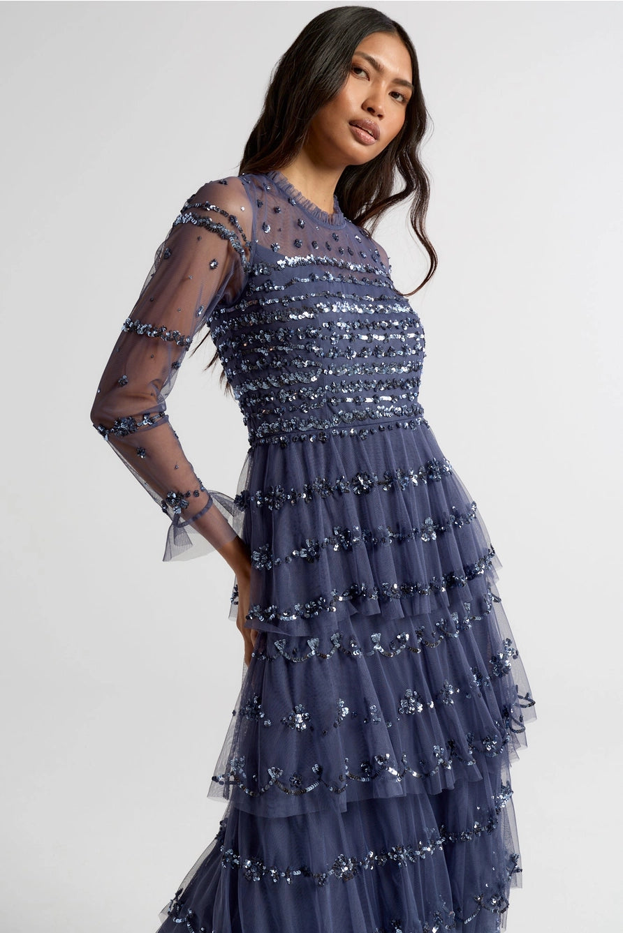 Frock & Frill Nerissa Dusty Navy Sequinned Tiered Maxi Dress – Love My Apparel
