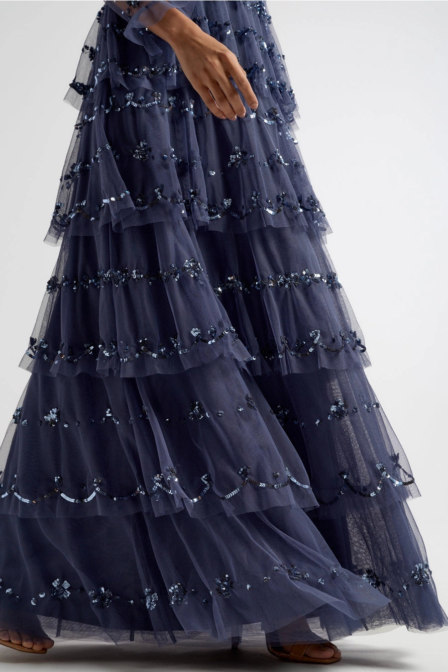 Frock & Frill Nerissa Dusty Navy Sequinned Tiered Maxi Dress