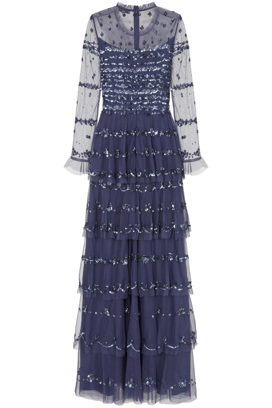 Frock & Frill Nerissa Dusty Navy Sequinned Tiered Maxi Dress