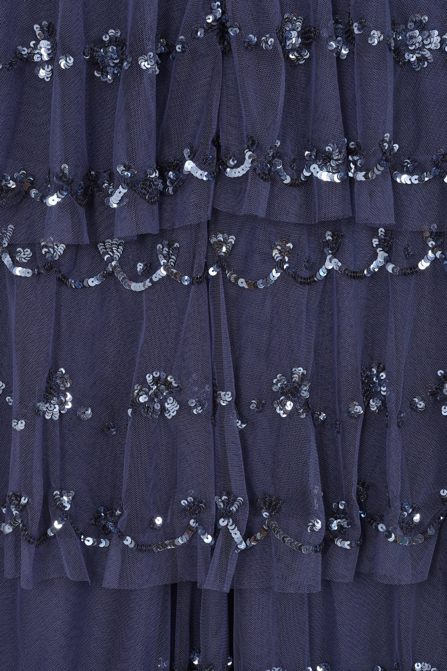 Frock & Frill Nerissa Dusty Navy Sequinned Tiered Maxi Dress