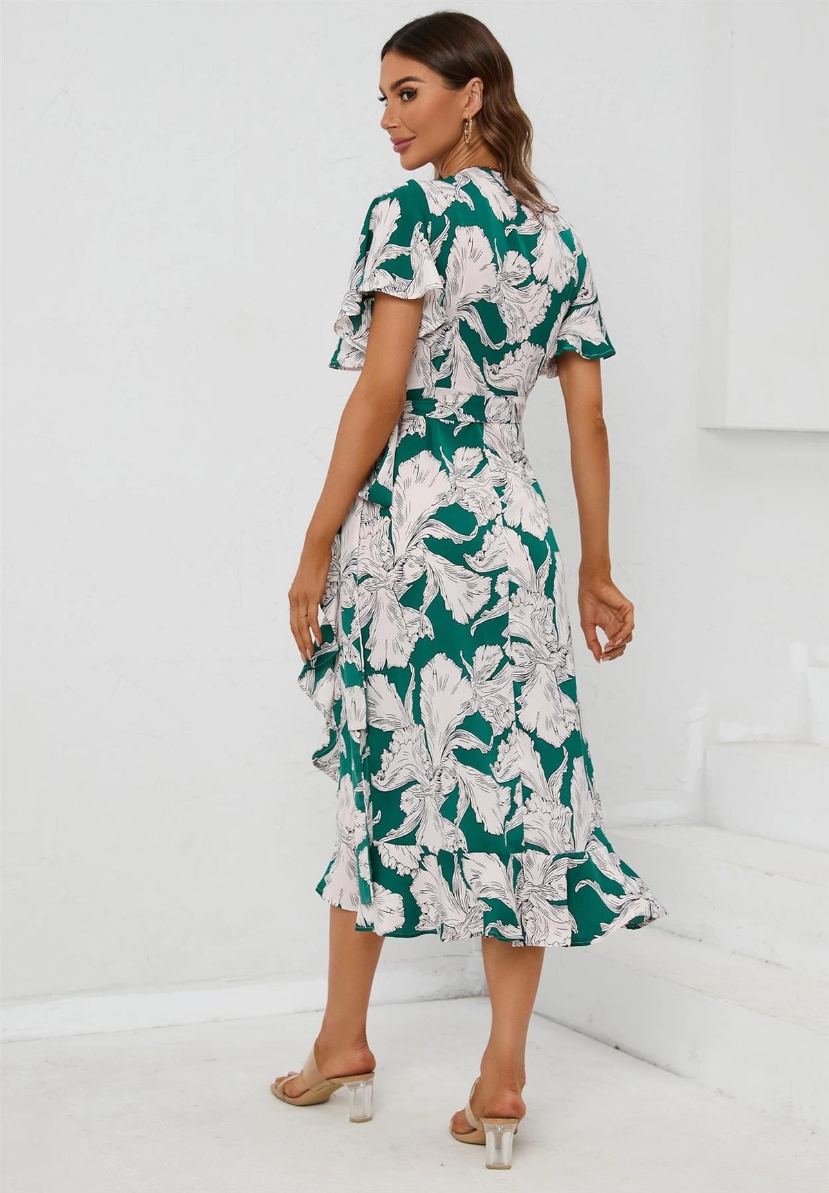 FS Collection Angel Sleeve Green And White Satin Floral Wrap Dress Love My Apparel FS Collection Angel Sleeve Green And White Satin Floral Wrap Dress Love My Apparel