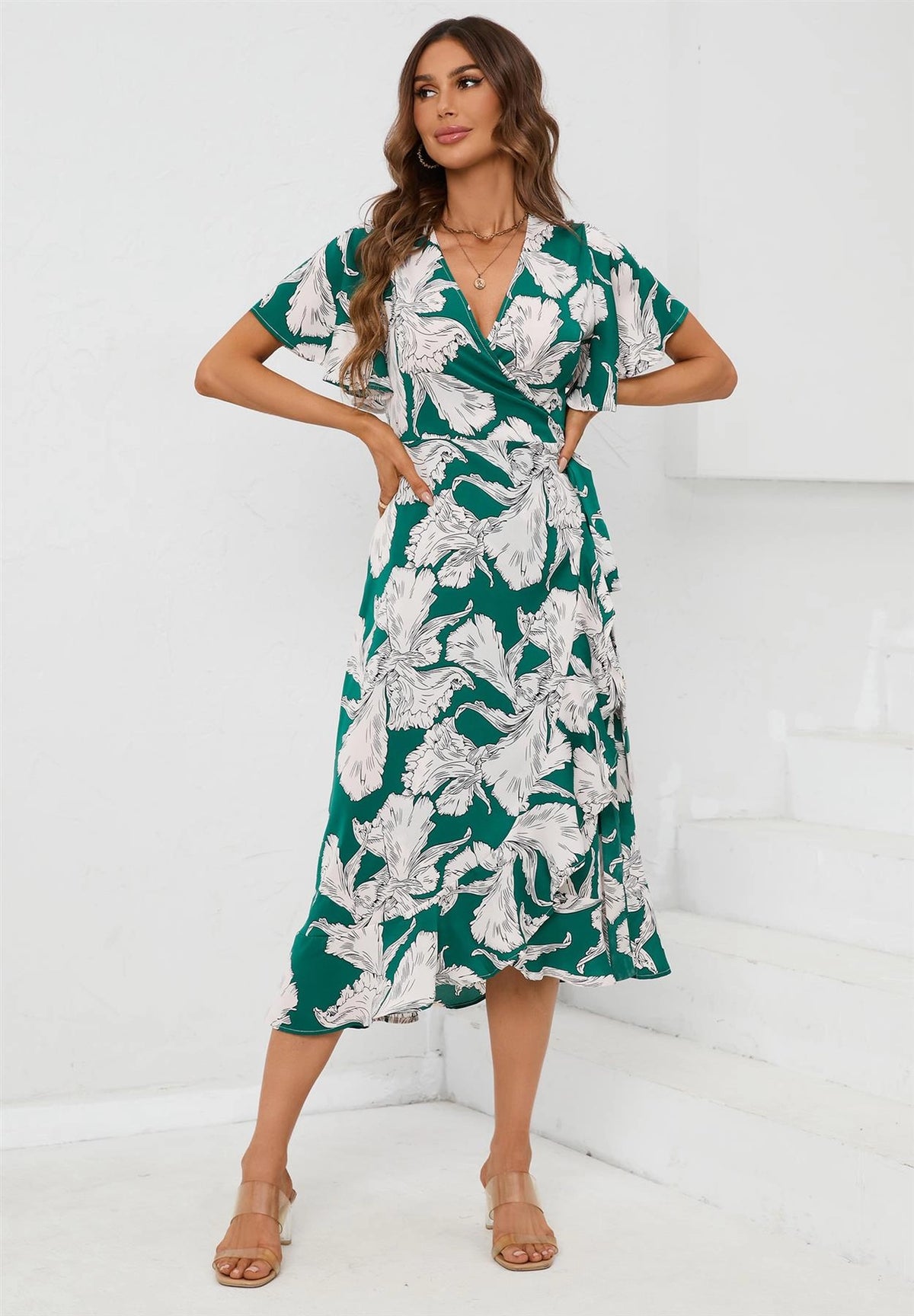 FS Collection Angel Sleeve Green And White Satin Floral Wrap Dress Love My Apparel FS Collection Angel Sleeve Green And White Satin Floral Wrap Dress Love My Apparel