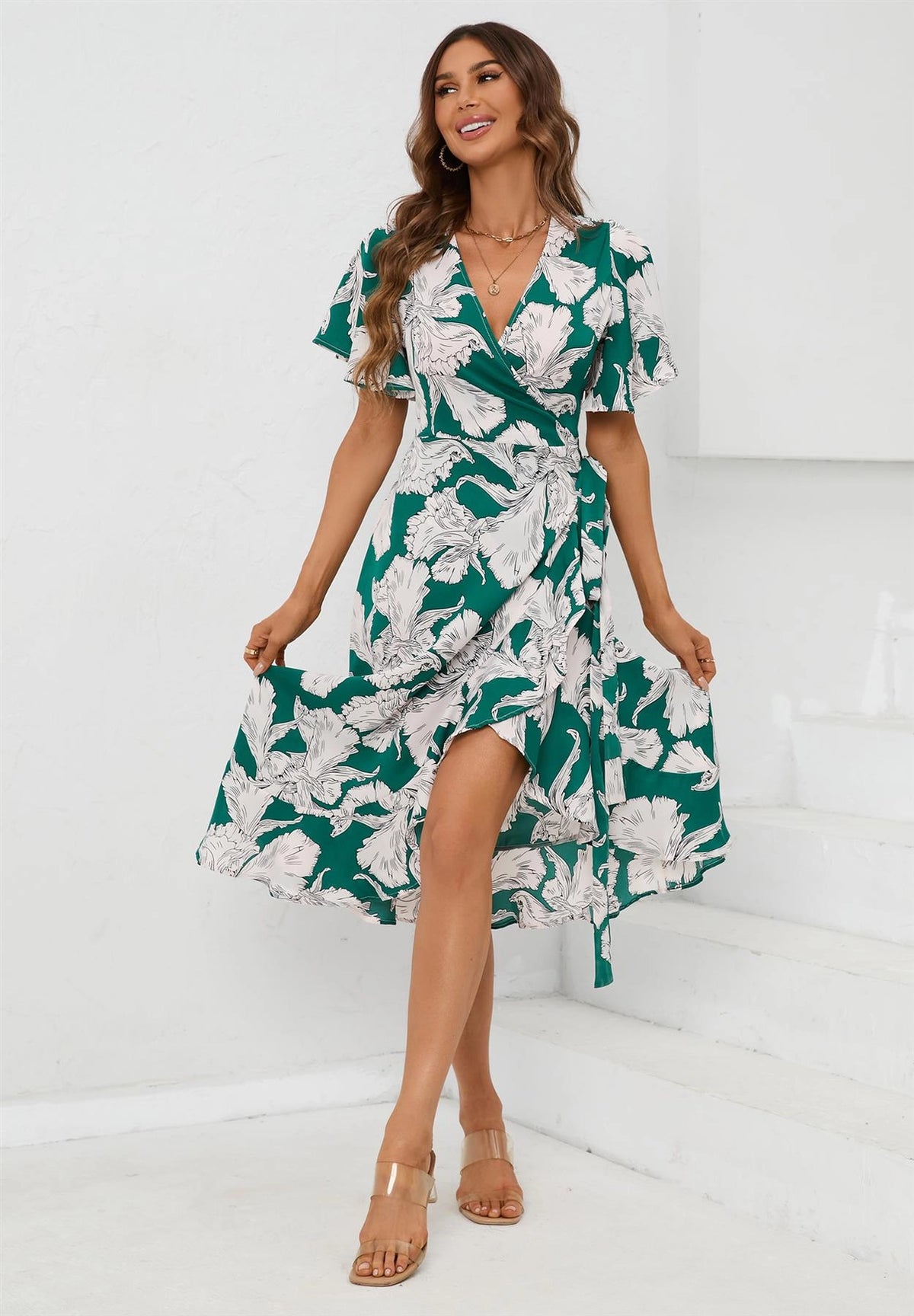 FS Collection Angel Sleeve Green And White Satin Floral Wrap Dress Love My Apparel FS Collection Angel Sleeve Green And White Satin Floral Wrap Dress Love My Apparel