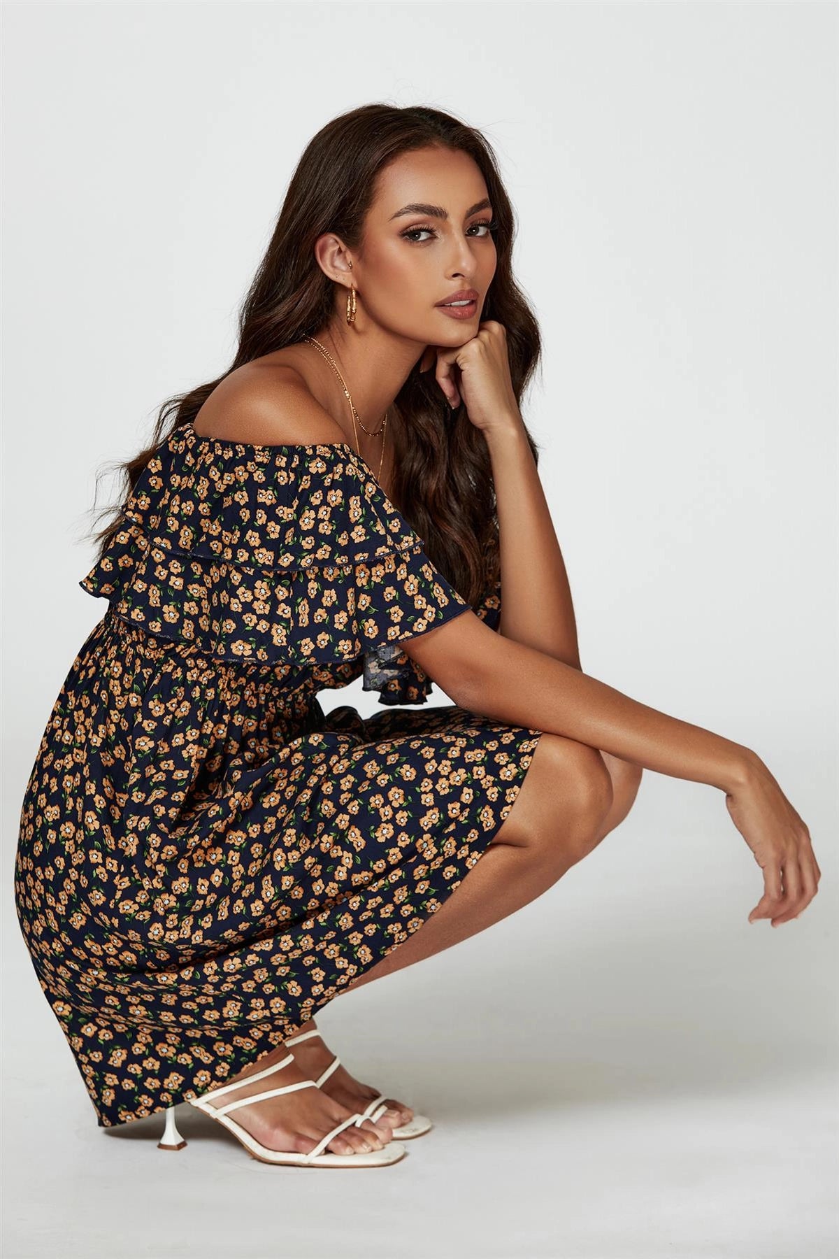 FS Collection Bardot Navy Blue Floral Mini Dress Love My Apparel FS Collection Bardot Navy Blue Floral Mini Dress Love My Apparel
