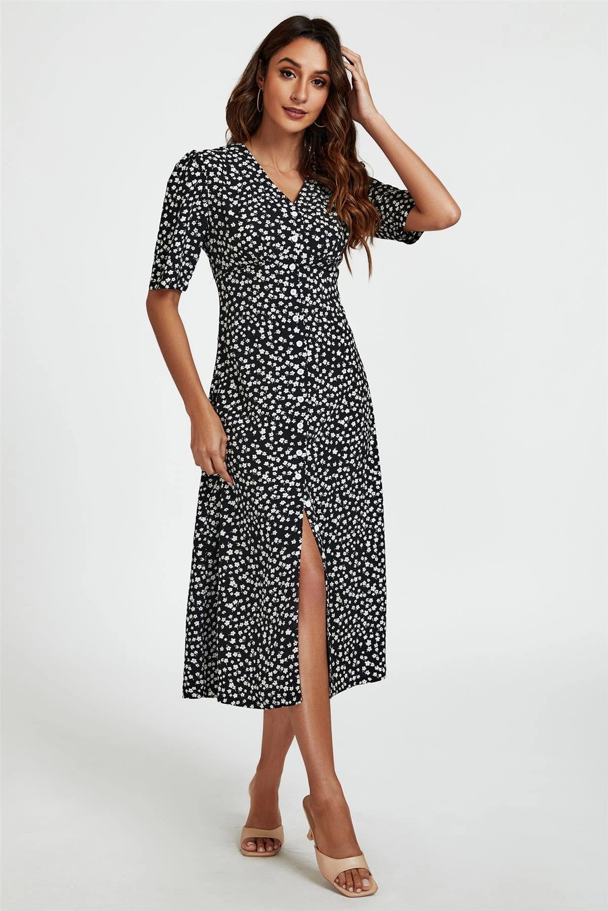black ditsy midi dress Gwen Midi Dress in French Ditsy Black