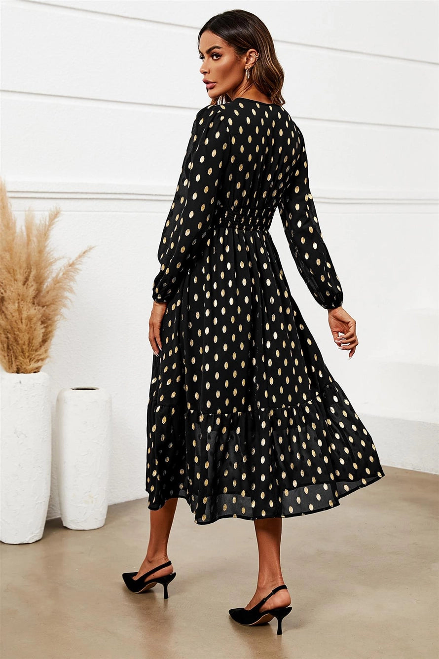 FS Collection Black Gold Foil Dot Midi Dress