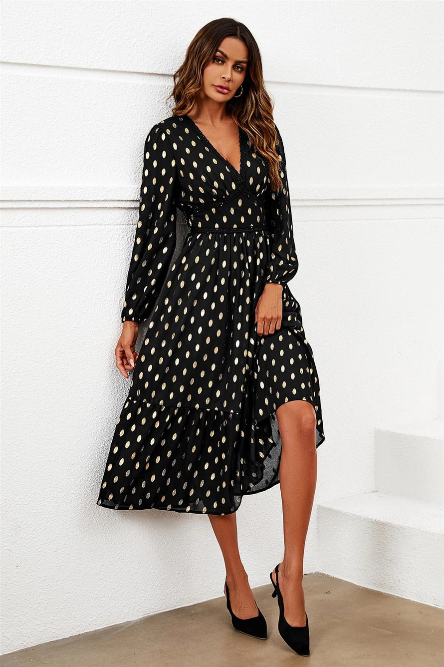 FS Collection Black Gold Foil Dot Midi Dress