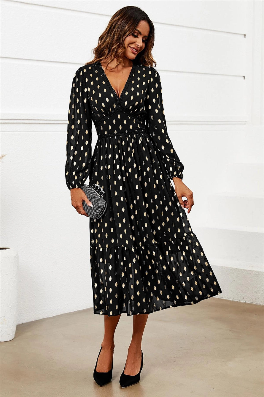 FS Collection Black Gold Foil Dot Midi Dress