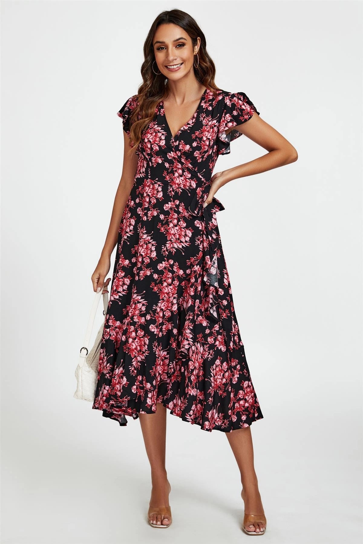 FS Collection Black & Pink Floral Frill Sleeve Wrap Dress