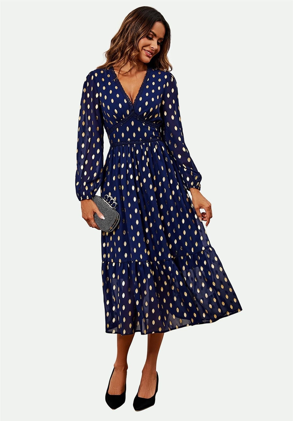 FS Collection Long Sleeved Navy Blue And Gold Foil Midi Dress