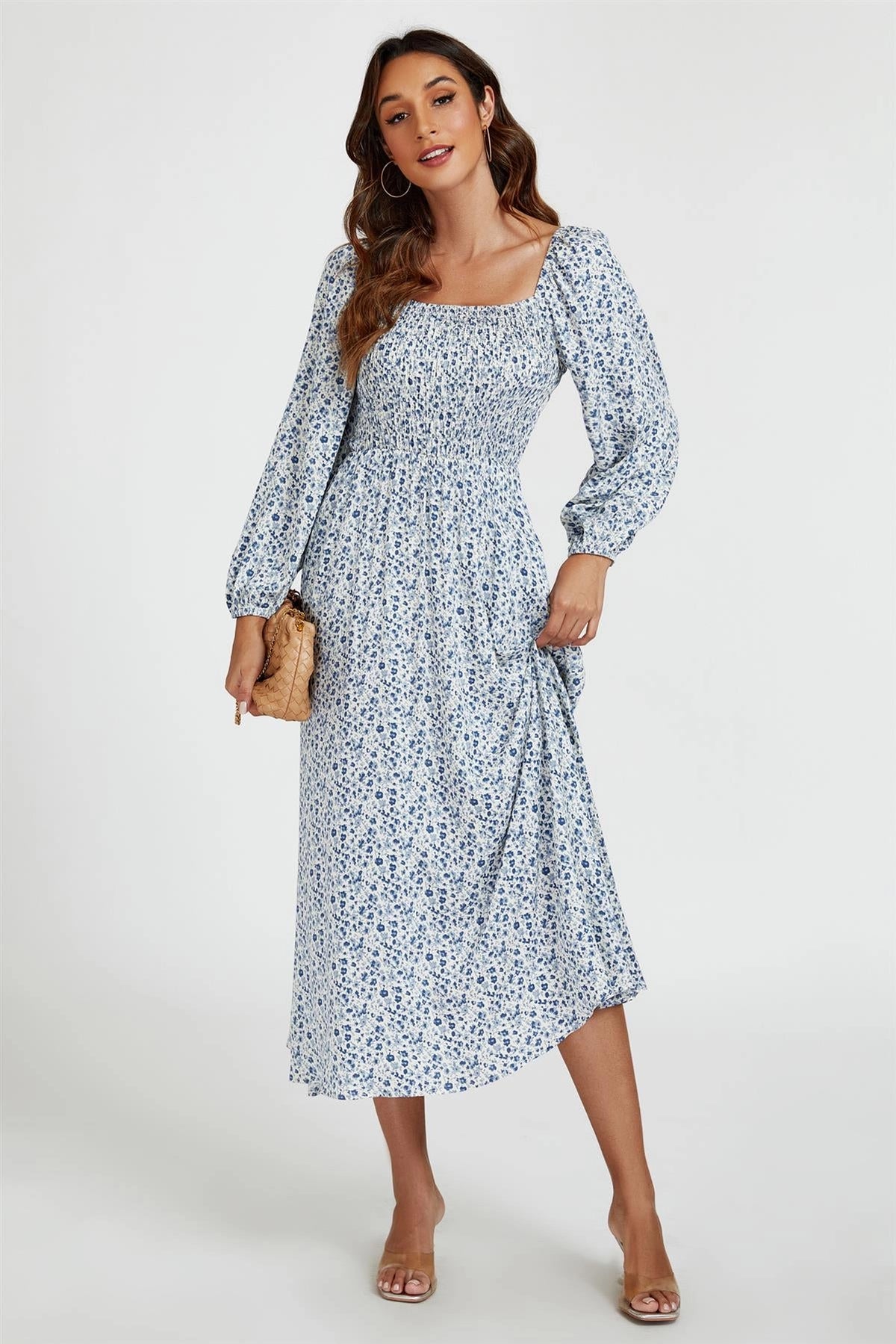 FS Collection Floral Square Neck Blue & White Ditsy Midi Dress