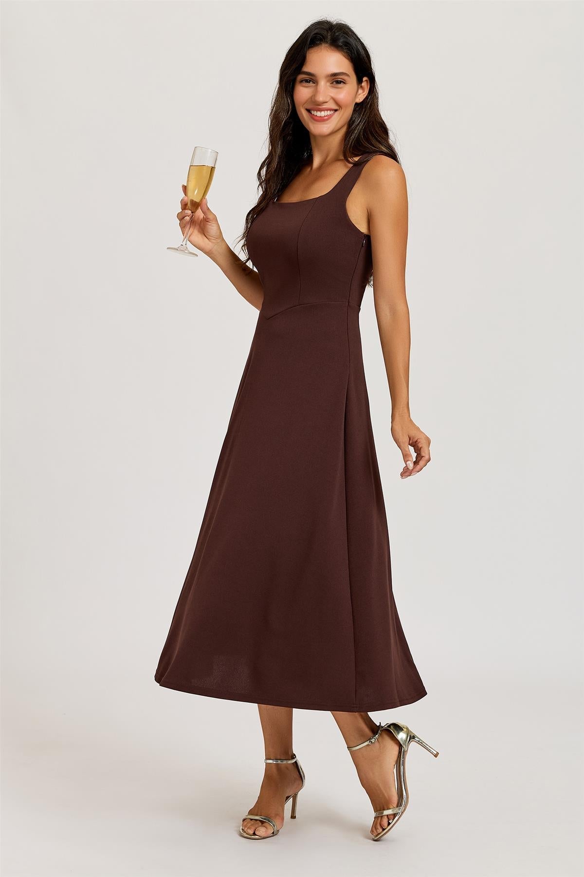 fs-collection-brown-square-neck-midi-dress