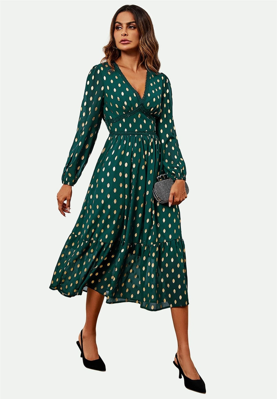 FS Collection Green Gold Foil Dot Midi Dress
