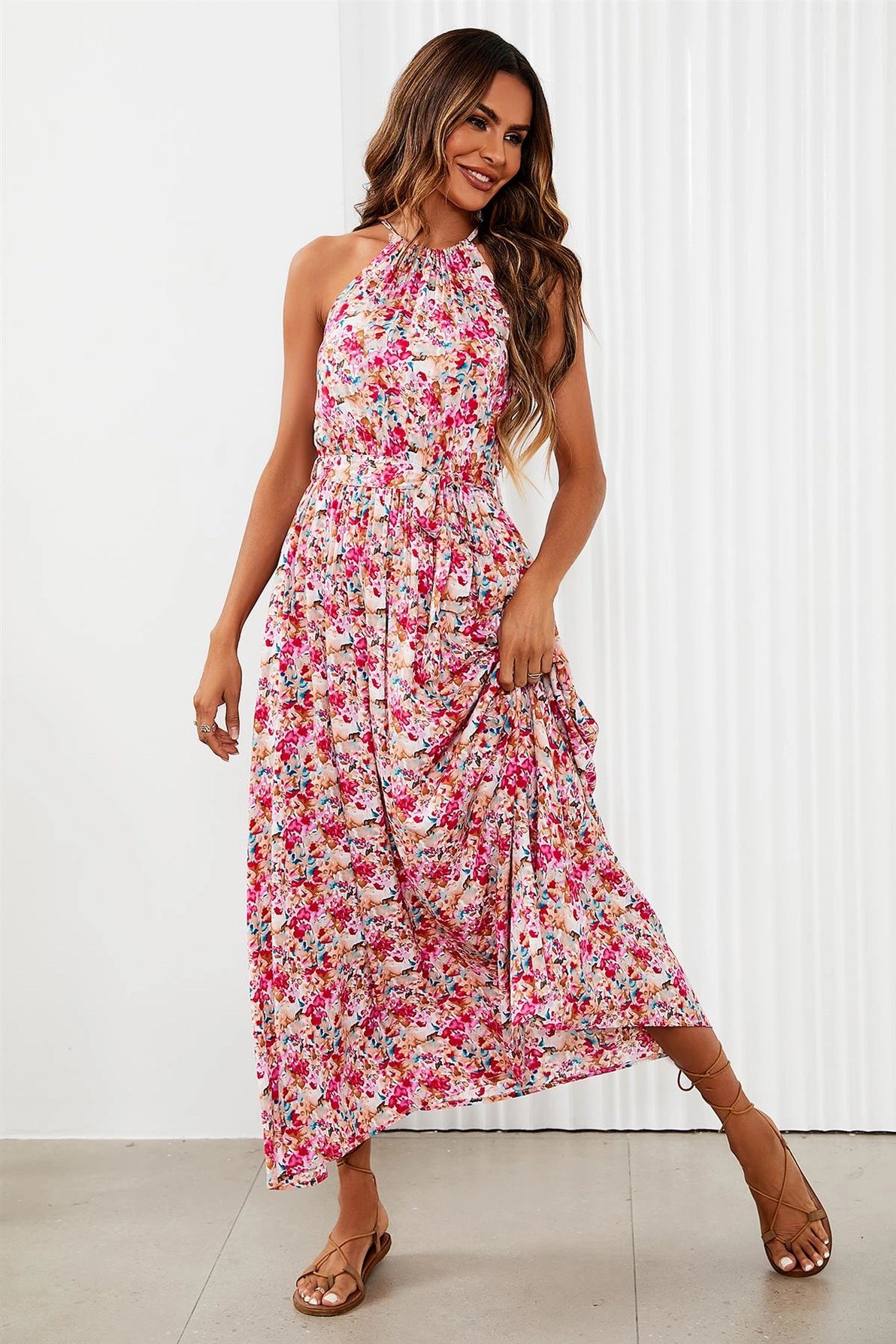 FS Collection Halterneck Floral Pink Maxi Dress