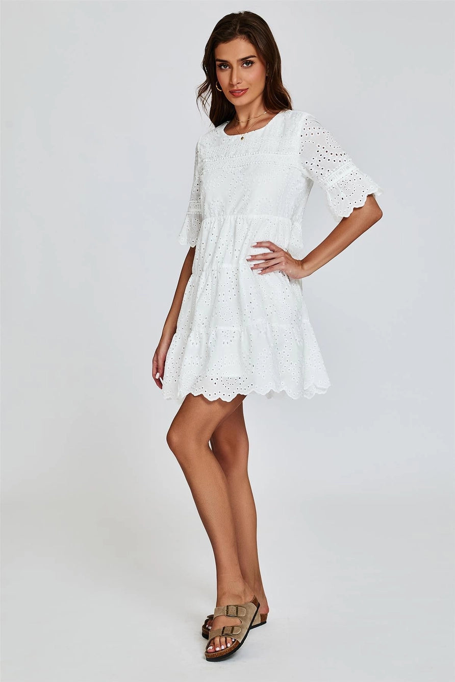 FS Collection Lace White Broderie Anglaise Mini Dress