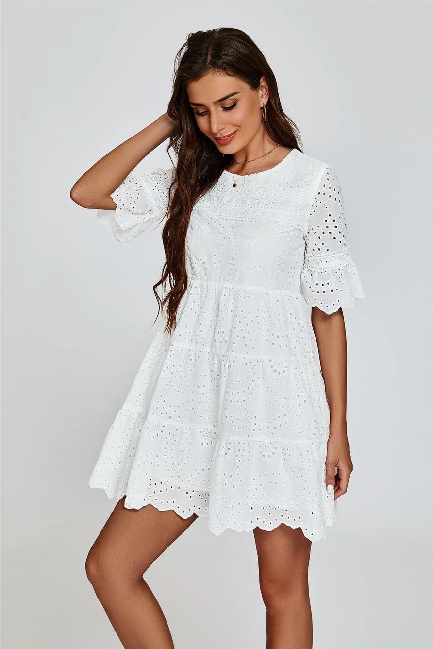 FS Collection Lace White Broderie Anglaise Mini Dress
