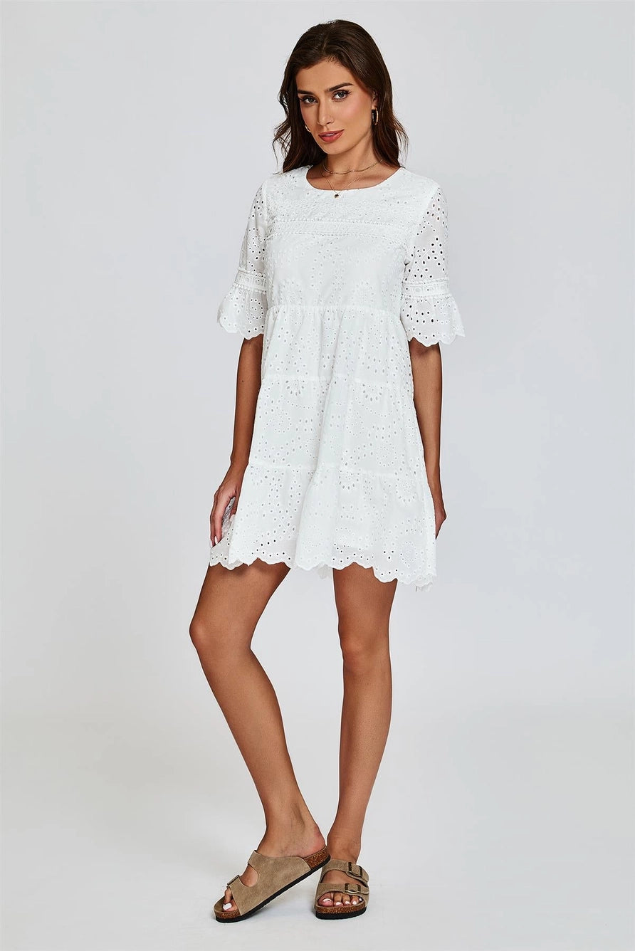 FS Collection Lace White Broderie Anglaise Mini Dress